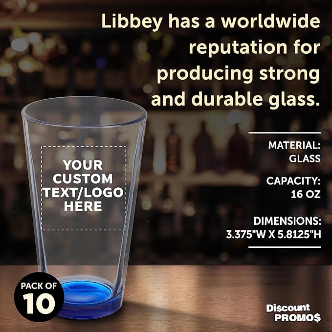 Custom Libbey Pint Glass 16 oz. Set of 10, Personalized Bulk Pack - Beer Glasses, Heavy Duty Drinkware - Blue
