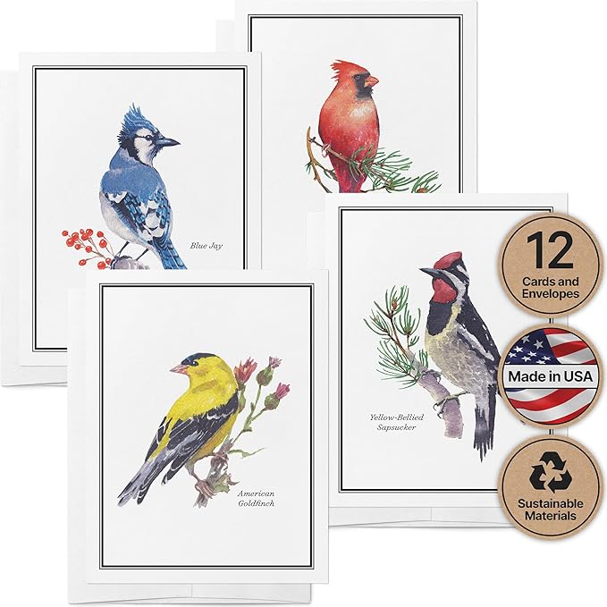 Twigs Paper - Assorted American Birds Greeting Cards - Stationery Cards with Envelopes - Thank You Card - Blank Note Cards - Greeting Cards for All Occasions - Made in USA (5.5 x 4.25, Set of 12)