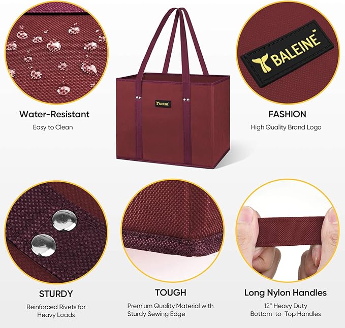 BALEINE 3Pk Reusable Grocery Bags, Foldable Shopping Bags for Groceries with Reinforced Bottom & Handles (Red)