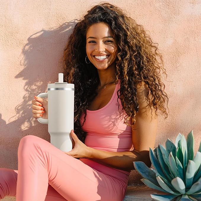 32 oz Tumbler with Handle and Straw: Stainless Steel Insulated Tumbler Keeps Cold for 24 Hours, Leakproof Travel Cup Fits in Cup Holder and BPA-Free, Mauve