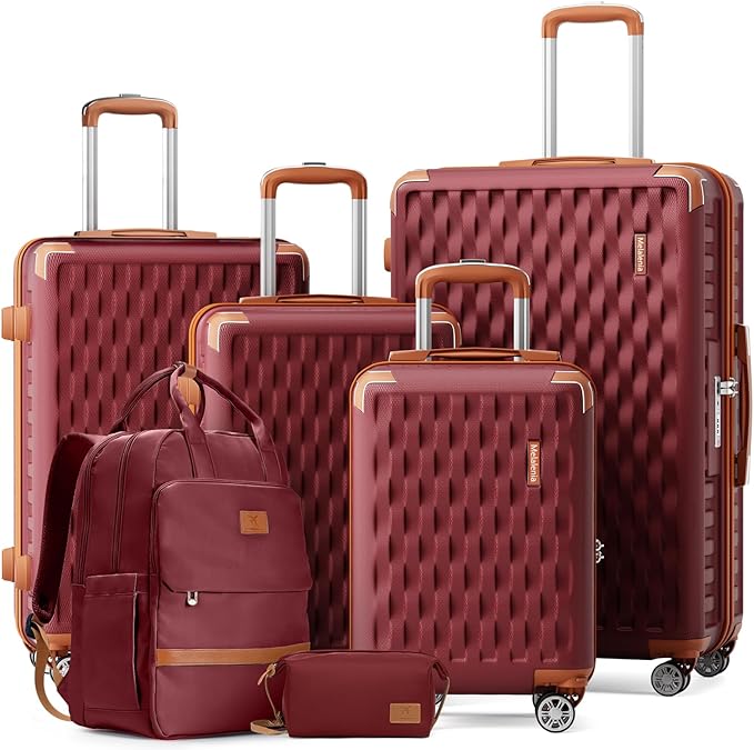 Melalenia Suitcase Sets 6 Piece Hard Shell Carry on Luggage with Spinner Wheels and TSA Lock, Lightweight Travel Backpack for Women, Men, Red Brown