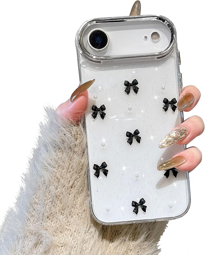 EYZUTAK Case for iPhone Air, Bling Glitter 3D Bowknot Phone Case Cute Sparkly Crystal Clear Bow Aesthetic Design Cover Slim Soft Durable TPU Transparent Protective Cover for Women Girl - Black Bow