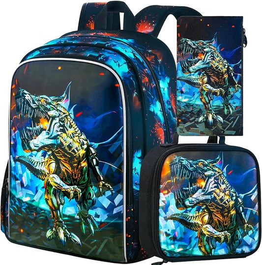 CCJPX 3PCS Kids Backpack for Boys, 16 Inch Dinosaur Water Resistant Preschool Backpacks, Kindergarten School Bookbag with Lunch Box for Toddler Travel