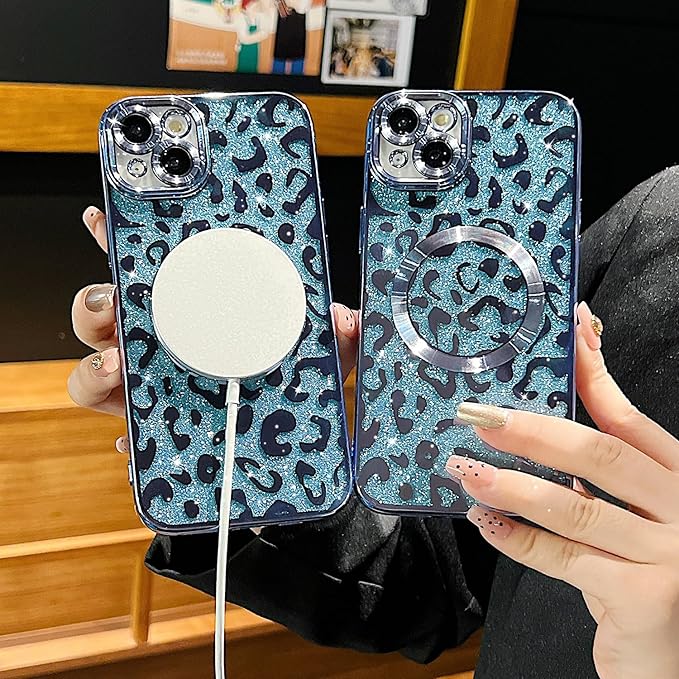 for iPhone 15 Plus Case Magnetic,Soft Cute Luxury Leopard Cheetah Pattern Plating Glitter Bling Phone Case Compatible with MagSafe Clear Shockproof Back Cover for Women Girl 6.7"-Blue