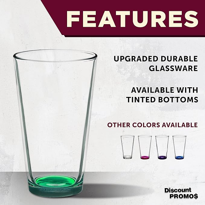 DISCOUNT PROMOS Arc Pint Glass 16 oz. Set of 10, Bulk Pack - Beer Glasses, Heavy Duty Drinkware - Green