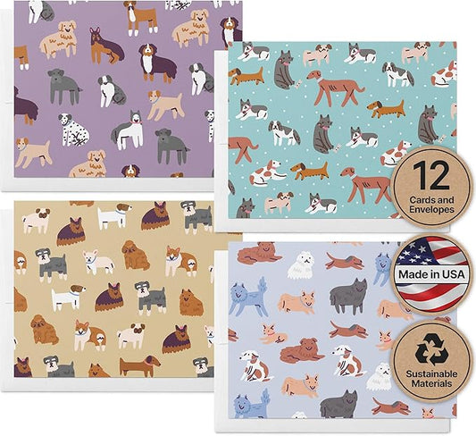 Twigs Paper Note Cards – 12 Assorted Dog Pattern Designs with Envelopes – Made in the USA – Eco-Friendly Blank Note Cards for Everyday Correspondence – 5.5 x 4.25 Inches