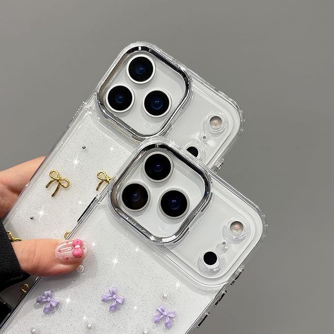 EYZUTAK Case for iPhone 17 Pro, Bling Glitter 3D Bowknot Phone Case Cute Sparkly Crystal Clear Bow Aesthetic Design Cover Slim Soft Durable TPU Transparent Protective Cover for Women Girl - Purple Bow