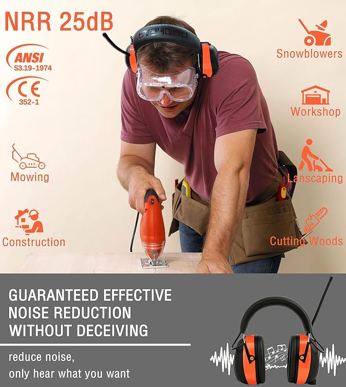 PROHEAR 033 2.0 Upgraded Bluetooth Hearing Protection AM FM Radio Headphones - 31SNR Noise Reduction Ear Muffs with Long-Lasting Stable Rechargeable Battery - 50 Hrs for Mowing Snowblowing - Orange