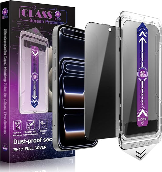Privacy Screen Protector for iPhone 17 Pro 6.3-Inch, Auto Dust Removal, 9H Tempered Glass, Full Cover, Anti-Fingerprint, Easy Installation,2 Pack