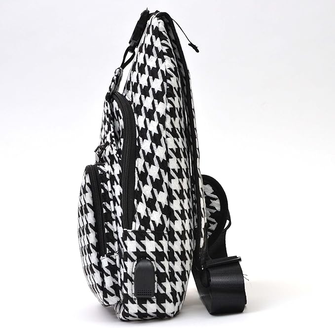 Anti-Theft Daypack Crossbody Sling Backpack, USB Charging, Lightweight Day Pack for Travel, Hiking, Everyday, Large, Houndstooth