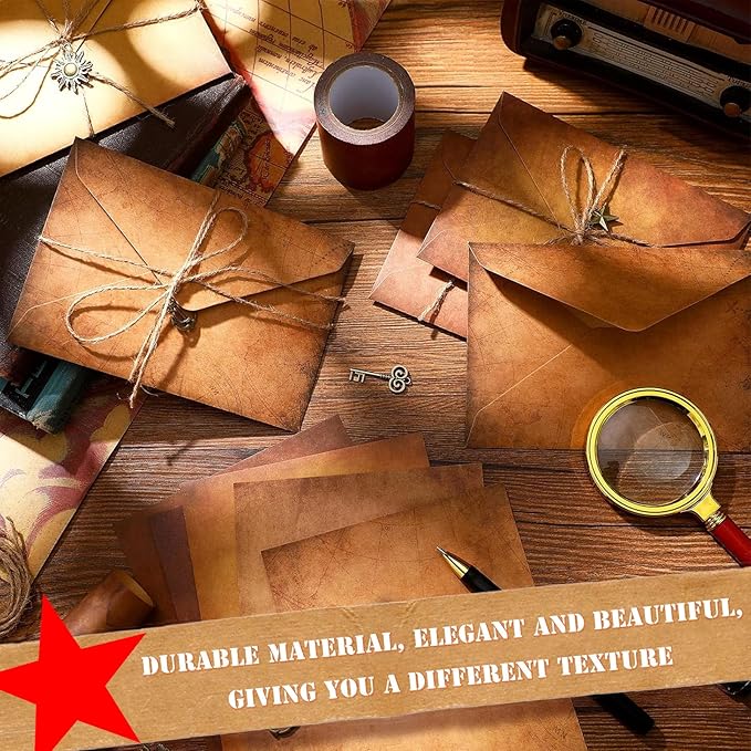 Vintage Stationery Paper and Envelopes Set,Writing Stationery Paper Letter and Envelopes including 24 Sheets Aged Antique Letter Paper, 12 Vintage Envelopes, 12 Rope & 12 Classic Key(60PCS, 6 Style)