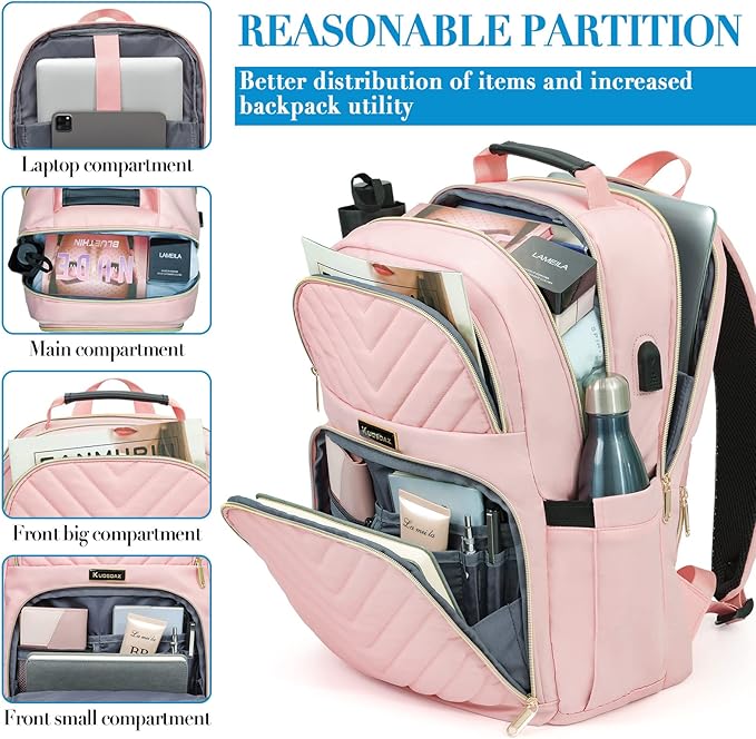 Laptop Backpack for Women, Large School Backpacks for Girls,17.3 Inch Fashion Quilted College Bookbags with USB Charger, Pink Womens Travel Backpack