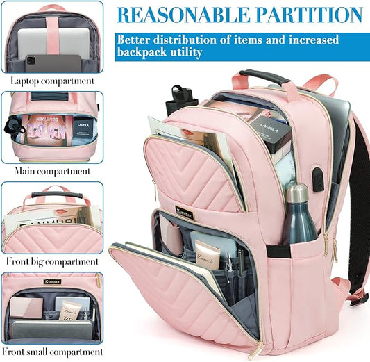 Laptop Backpack for Women, Large School Backpacks for Girls,17.3 Inch Fashion Quilted College Bookbags with USB Charger, Pink Womens Travel Backpack