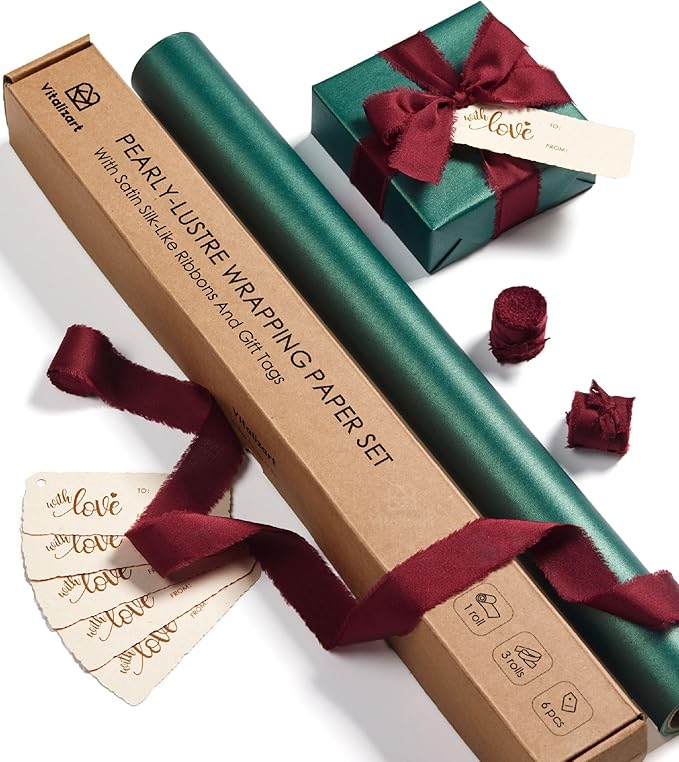 Vitalizart Green Wrapping Paper Set 17" Pearly-Lustre With Silk Like Satin Ribbon & Gift Tags Recyclable Eco-Friendly Christmas Gift Wrapping Birthday Baby Shower Wedding Handmade Crafts 197"(16.4 Ft)