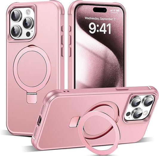 Compatible with iPhone 15 Pro Max Case with Invisible Magnetic O-Ring Stand Military-Grade Case for iPhone 15 ProMax 6.7" [Compatible with Mag-Safe][Great Grip Feeling], Rose Gold
