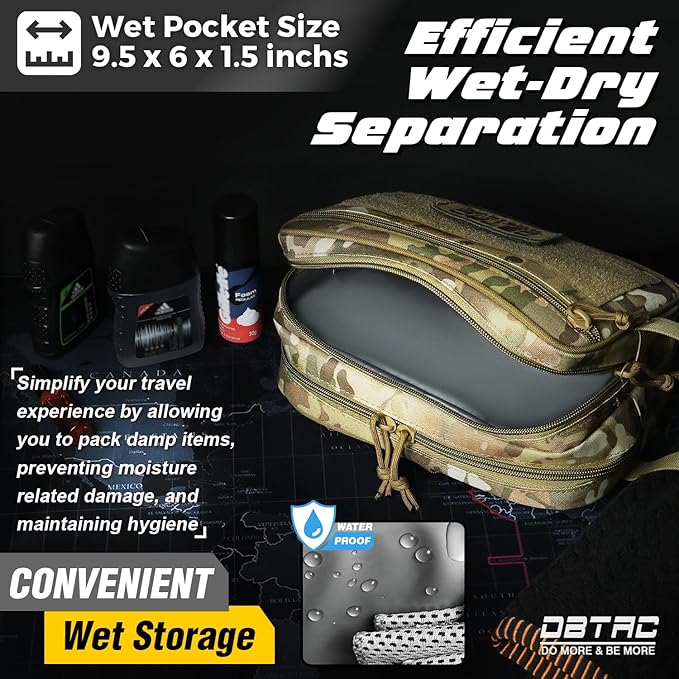 DBTAC Tactical Toiletry Bag for Men | Dry Wet Separate Hygiene Bag Compact Dopp Kit Mens Shaving Kit Travel shower Bag, CP Camo