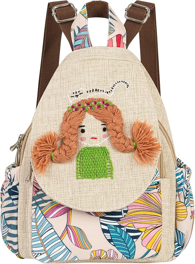 HUANGGUOSHU Women Cotton Woven Bohemian Hemp Boho Canvas Embroidery Multi Pocket Retro Cute Backpack Wallet Backpack Little girl and dog watch the sea