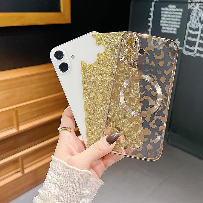 for iPhone 16 Case Magnetic,Soft Cute Luxury Leopard Cheetah Pattern Plating Glitter Bling Phone Case Compatible with MagSafe Clear Shockproof Back Cover for Women Girl 6.1"-Gold