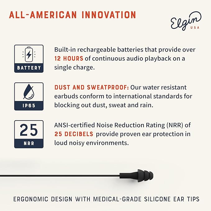 Elgin Ruckus Wireless Bluetooth Earplug Headphones, 25 dB Noise Reduction Ear Plug Earbuds, Noise Cancelling Mic, 12 Hour Battery, IP65 sweatproof, OSHA Compliant Hearing Protection, Work Safety