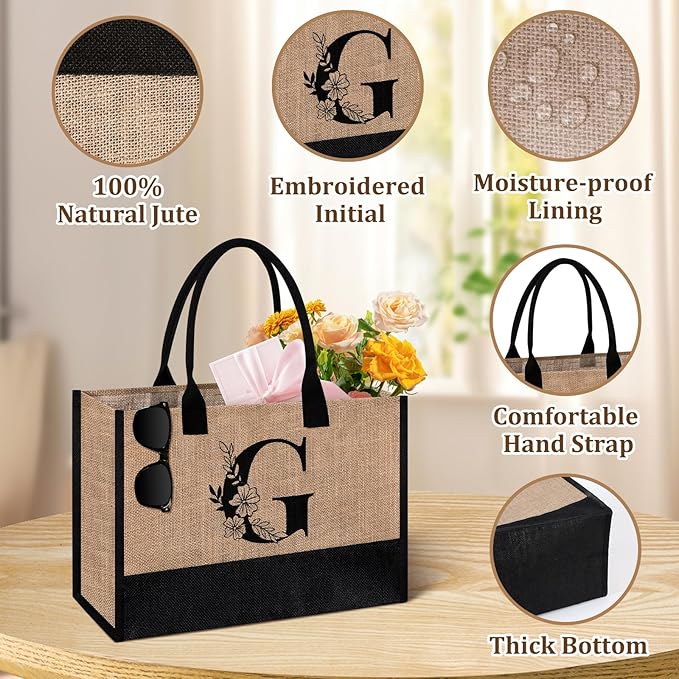 AYGE Personalized Initial Jute Tote Bag & Makeup Bag, Beach Bag, Monogrammed Birthday Gifts for Women Sister Mom Bridesmaid