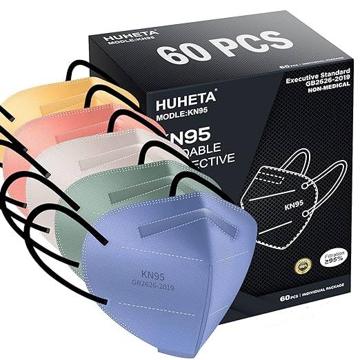 HUHETA KN95 Face Masks, 60 Packs KN95 Mask for Adults, 5-Layer Safety Mask Filter Efficiency≥95%, Morandi Multi Color