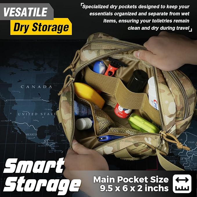 DBTAC Tactical Toiletry Bag for Men | Dry Wet Separate Hygiene Bag Compact Dopp Kit Mens Shaving Kit Travel shower Bag, CP Camo