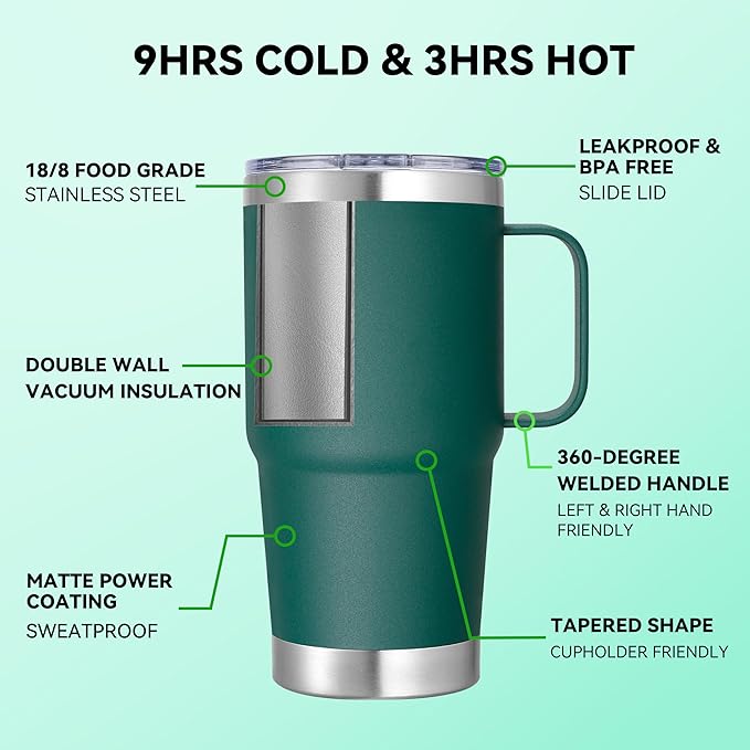 20 oz Stainless Steel Tumbler with Handle Bulk Metal Insulated Tumblers Travel Coffee Mug with Handle Double Wall Tumbler Cup with Lid and Straw, New Dark Green 12 Pack