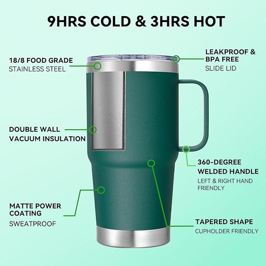 20 oz Stainless Steel Tumbler with Handle Bulk Metal Insulated Tumblers Travel Coffee Mug with Handle Double Wall Tumbler Cup with Lid and Straw, New Dark Green 12 Pack