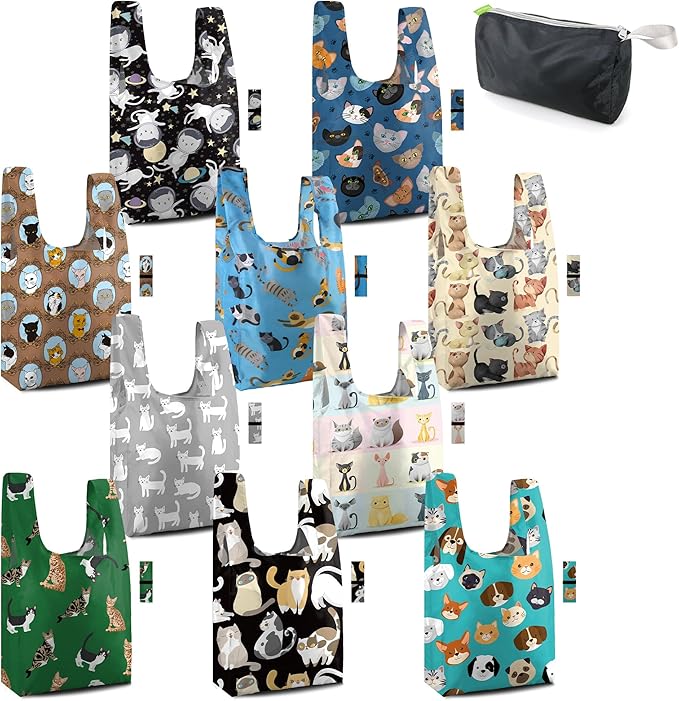 BeeGreen Reusable Grocery Bags Bulk Gifts 10-Pack - Large Tote with Zipper Pouch | Foldable & Washable Polyester Shopping Bags Heavy Duty Animal Lover Gifts Reusable Bag With Handles