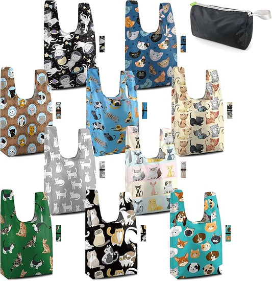 BeeGreen Reusable Grocery Bags Bulk Gifts 10-Pack - Large Tote with Zipper Pouch | Foldable & Washable Polyester Shopping Bags Heavy Duty Animal Lover Gifts Reusable Bag With Handles