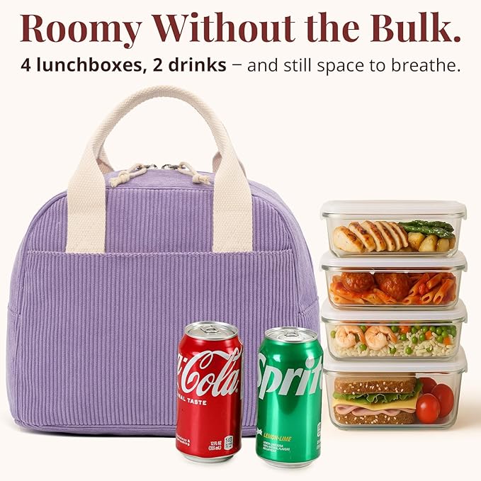 Insulated Purple Haze Lunch Bag for Women, Stylish Corduroy Tote with Aluminum Lining, Large Capacity Reusable Cooler for Work, Travel, or Beach, Beige Cream Water-Resistant Lunch Box