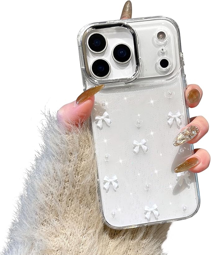 EYZUTAK Case for iPhone 17 Pro, Bling Glitter 3D Bowknot Phone Case Cute Sparkly Crystal Clear Bow Aesthetic Design Cover Slim Soft Durable TPU Transparent Protective Cover for Women Girl - White Bow