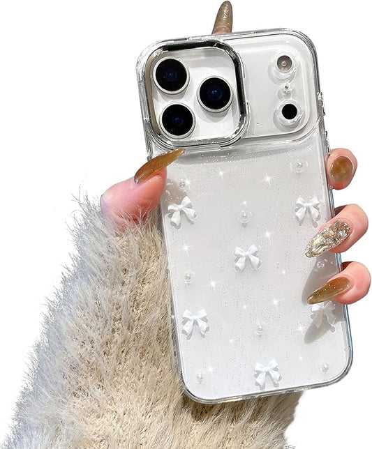 EYZUTAK Case for iPhone 17 Pro Max, Bling Glitter 3D Bowknot Phone Case Cute Sparkly Crystal Clear Bow Aesthetic Cover Slim Soft Durable TPU Transparent Protective Cover for Women Girls - White Bow