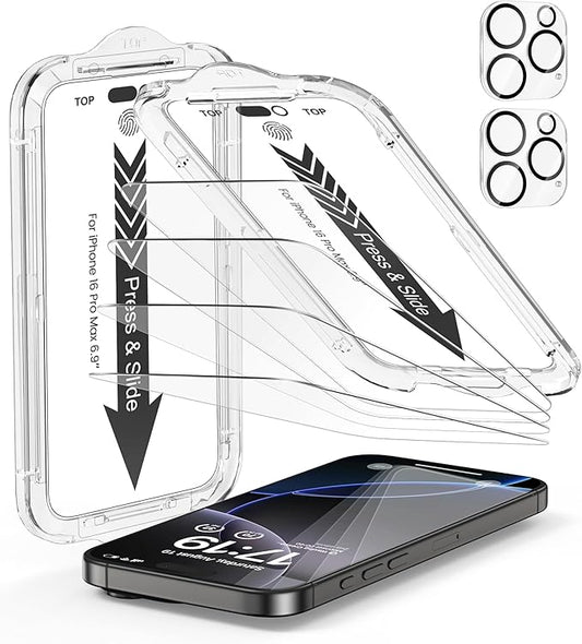 EZ-GLAZ- 4 Pack for iPhone 16 Pro Max Screen Protector[6.9"] With 2 Pack Camera Lens Protector, 9H+ Hardness 12FT Military Grade Shatterproof Scratch Resistant Durable Tempered Glass Film with Flawless Fit Kit, HD Clear