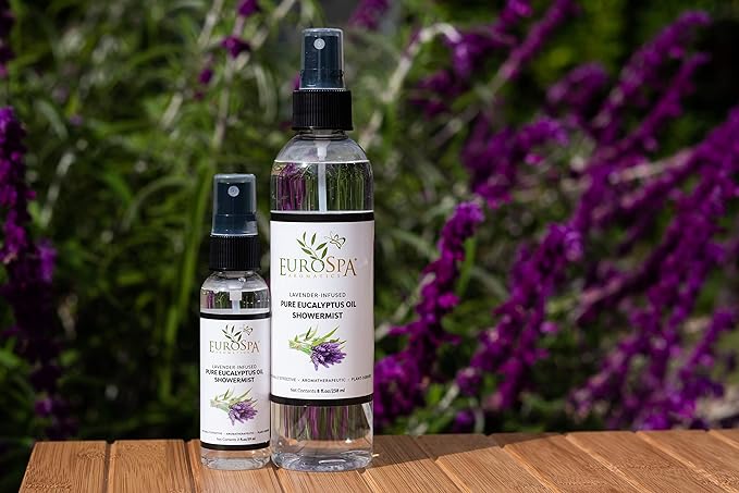 EuroSpa Aromatics Pure Eucalyptus Oil ShowerMist and Steam Room Spray, All-Natural Premium Aromatherapy Essential Oils - Lavender Infused, 8oz