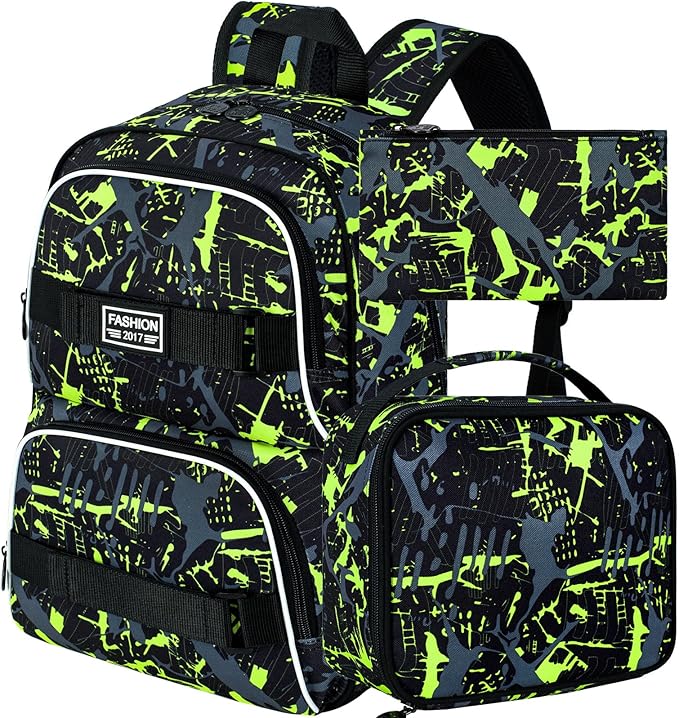 17 Inches Backpack for Boys Men, 3Pcs College Laptop Backpacks Set for Teens Students, Water Resistant Graffiti School Bookbag with Lunch Bag(Green)