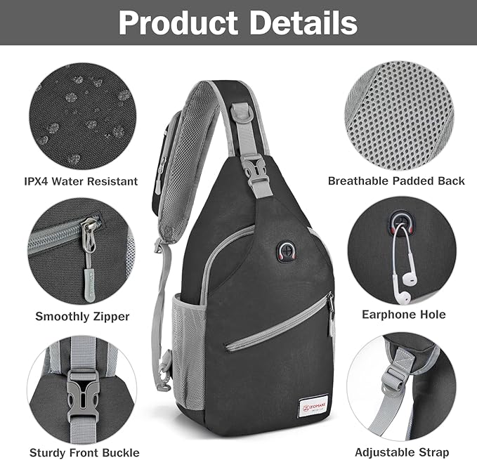 ZOMAKE Sling Bag,Small Crossbody Sling Backpack,Water Resistant Shoulder Daypack for Travel,Anti Thief Chest Bag for Hiking(Black(New))