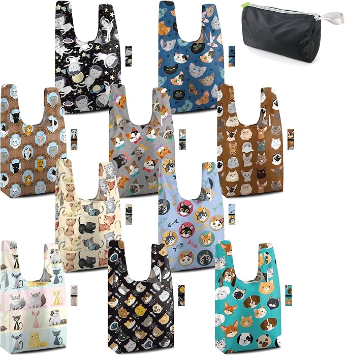 BeeGreen Reusable Grocery Bags Bulk Gifts 10-Pack - Large Tote with Zipper Pouch | Foldable & Washable Polyester Shopping Bags Heavy Duty Animal Lover Gifts Reusable Bag With Handles