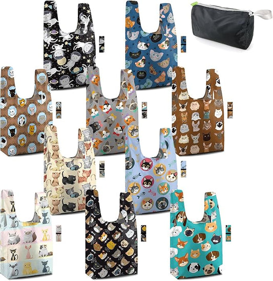 BeeGreen Reusable Grocery Bags Bulk Gifts 10-Pack - Large Tote with Zipper Pouch | Foldable & Washable Polyester Shopping Bags Heavy Duty Animal Lover Gifts Reusable Bag With Handles