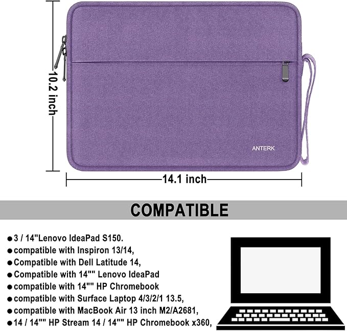 Laptop Sleeve 14 Inch, Water Resistant Traveling Computer Cover with Handle, Shockproof Protective Carrying Laptop Bag Compatible for 14 Inch MacBook Air/Pro, HP, Dell, Lenovo, Purple