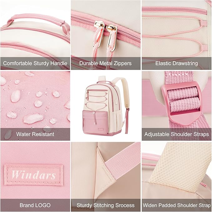School Backpack for Teens Girls, Aesthetic College Backpack Large Bookbag for Women Students Fashion 15.6 Inch Laptop Bag for Work Travel (Pink Beige)