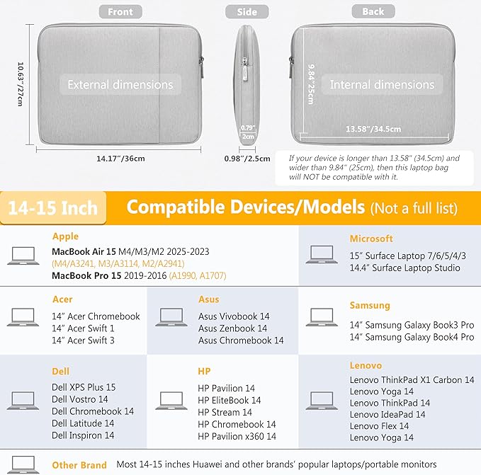 HYZUO 14-15 Inch Laptop Sleeve Bag Set for MacBook Air 15 M4/M3/M2, MacBook Pro 15, XPS 14/15 Plus, 15" Surface Laptop, Notebook Case for 14" HP Lenovo ThinkPad Asus Acer Huawei, Light Gray