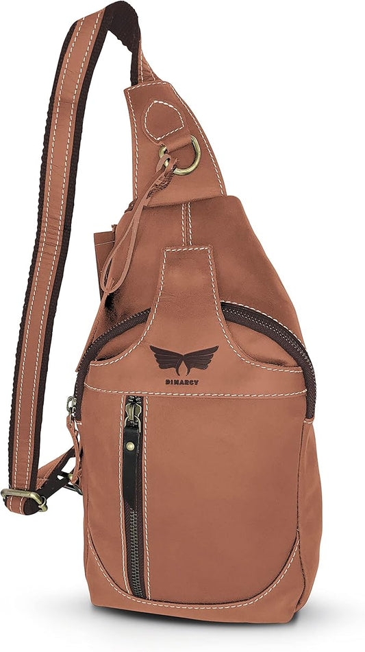 Leather Cross-body Sling Bag Casual Daypack Backpack Chest Shoulder Multi-Purpose Timeless Design Small Men (Light Brown)