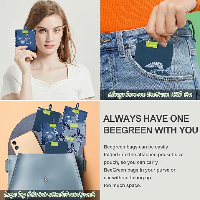 BeeGreen Sea Turtle Reusable Grocery Bags Large Tote Bag With Handles, Bulk Gift Foldable Shopping Bags for Women 6 Pack, Cute Cloth Bag, Heavy Duty, Washable For Beach, Holiday, Travel And Groceries