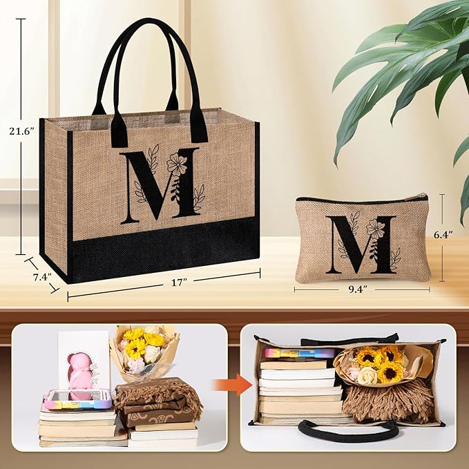 AYGE Personalized Initial Jute Tote Bag & Makeup Bag, Beach Bag, Monogrammed Birthday Gifts for Women Sister Mom Bridesmaid