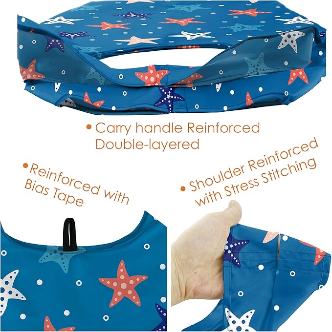 BeeGreen Reusable Grocery Bags with Zipper Storage Pouch 6 Pack Ocean Pattern Reusable Shopping Bags Bulk with Elastic Band Foldable-Machine Washable Christmas Gifts Tote Bags