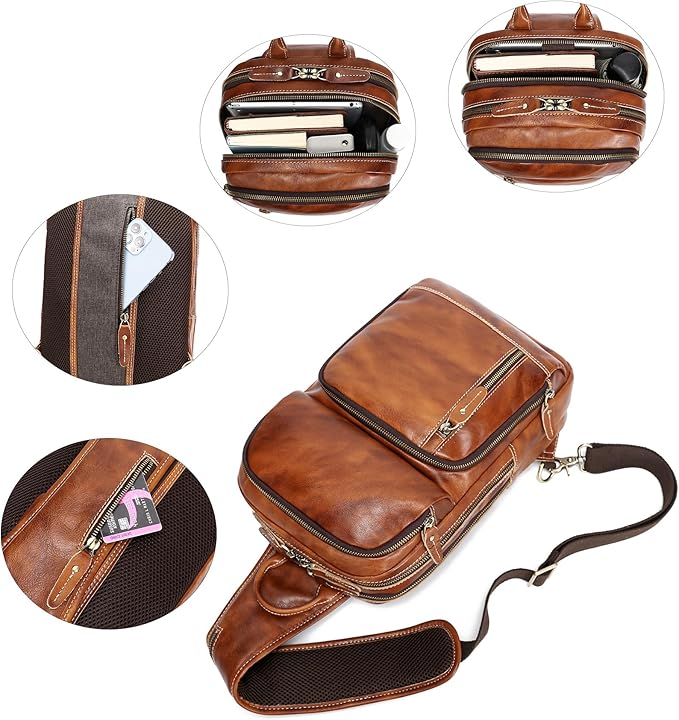 LANNSYNE Full Grain Leather Sling Bag For Men, Crossbody Bag fits 12.9" iPad Crossbody Chest Daypack