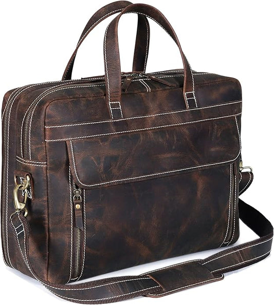 HLC 18 Inch Full Grain Leather Briefcase messenger shoulder bags for men and women