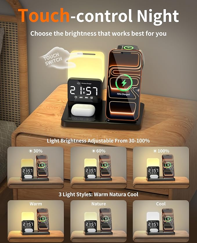 6-in-1 Wireless Charging Station, Charger Stand for Apple Multiple Devices, for iPhone 17 16 15 14 13 12 Pro Max Watch Airpods, Wireless Charger iPhone Charging Station with Night Light/Alarm Clock
