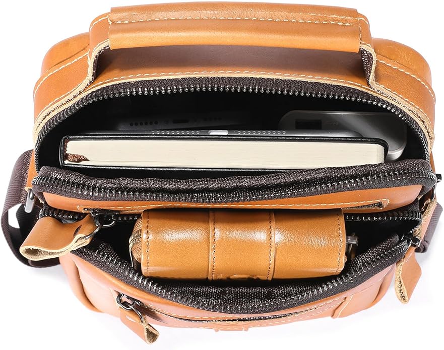 Leather Crossbody Bags for Men Casual Shoulder Bag Travel Messenger Bag Vintage Handbag Multi Pocket Satchel